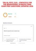 TRU-OL PSYC 2101 - STATISTICS FOR THE BEHAVIOURAL SCIENCES FINAL EXAM PREP QUESTIONS &vert;UPDATED 2026