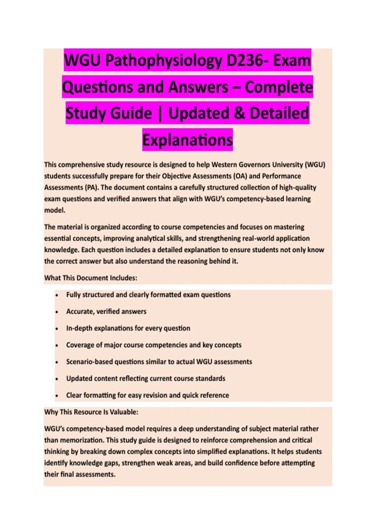 WGU PATHOPHYSIOLOGY D236 COMPLETE EXAM STUDY GUIDE 2026/2027 WITH ...