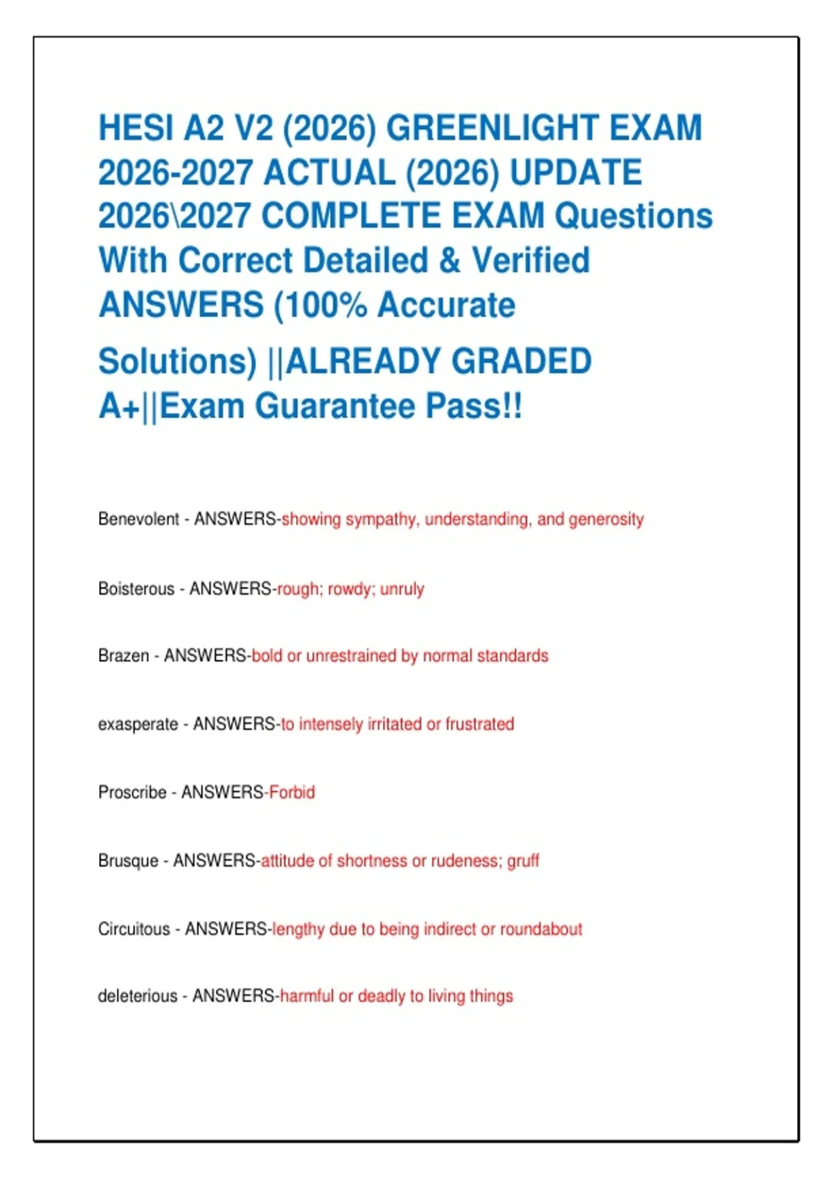 HESI A2 V2 (2026) GREENLIGHT EXAM ACTUAL (2026) UPDATE COMPLETE EXAM ...