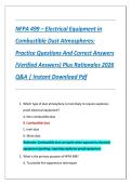 NFPA 499 &ndash; Electrical Equipment in Combustible Dust Atmospheres&colon; Practice Questions And Correct Answers &lpar;Verified Answers&rpar; Plus Rationales 2026 Q&A &vert; Instant Download Pdf