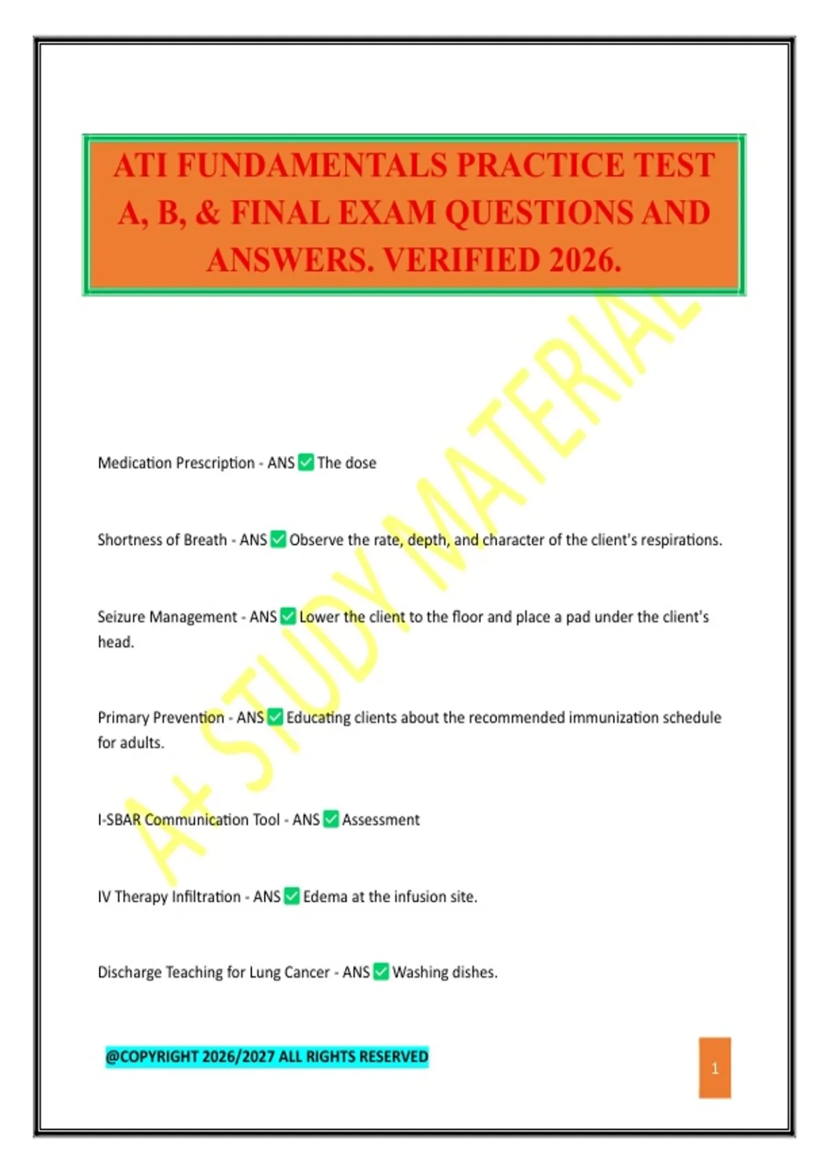 ATI FUNDAMENTALS PRACTICE TEST A, B, & FINAL EXAM QUESTIONS AND ANSWERS ...