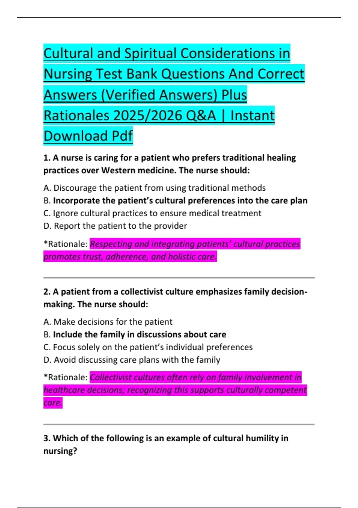 Cultural and Spiritual Considerations in Nursing Test Bank Questions ...