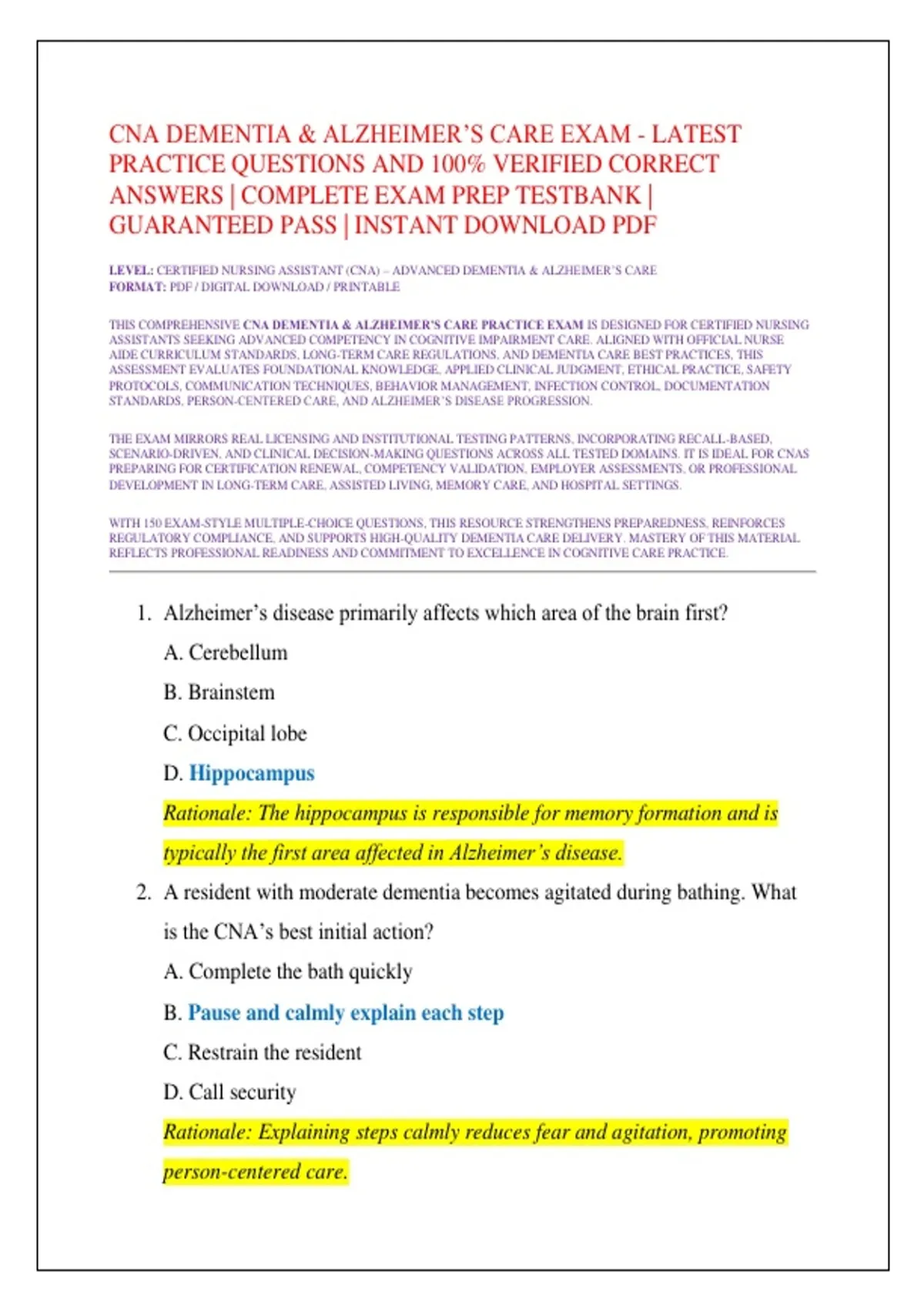 CNA DEMENTIA &amp; ALZHEIMER’S CARE EXAM - LATEST PRACTICE QUESTIONS AND 100% VERIFIED CORRECT ...