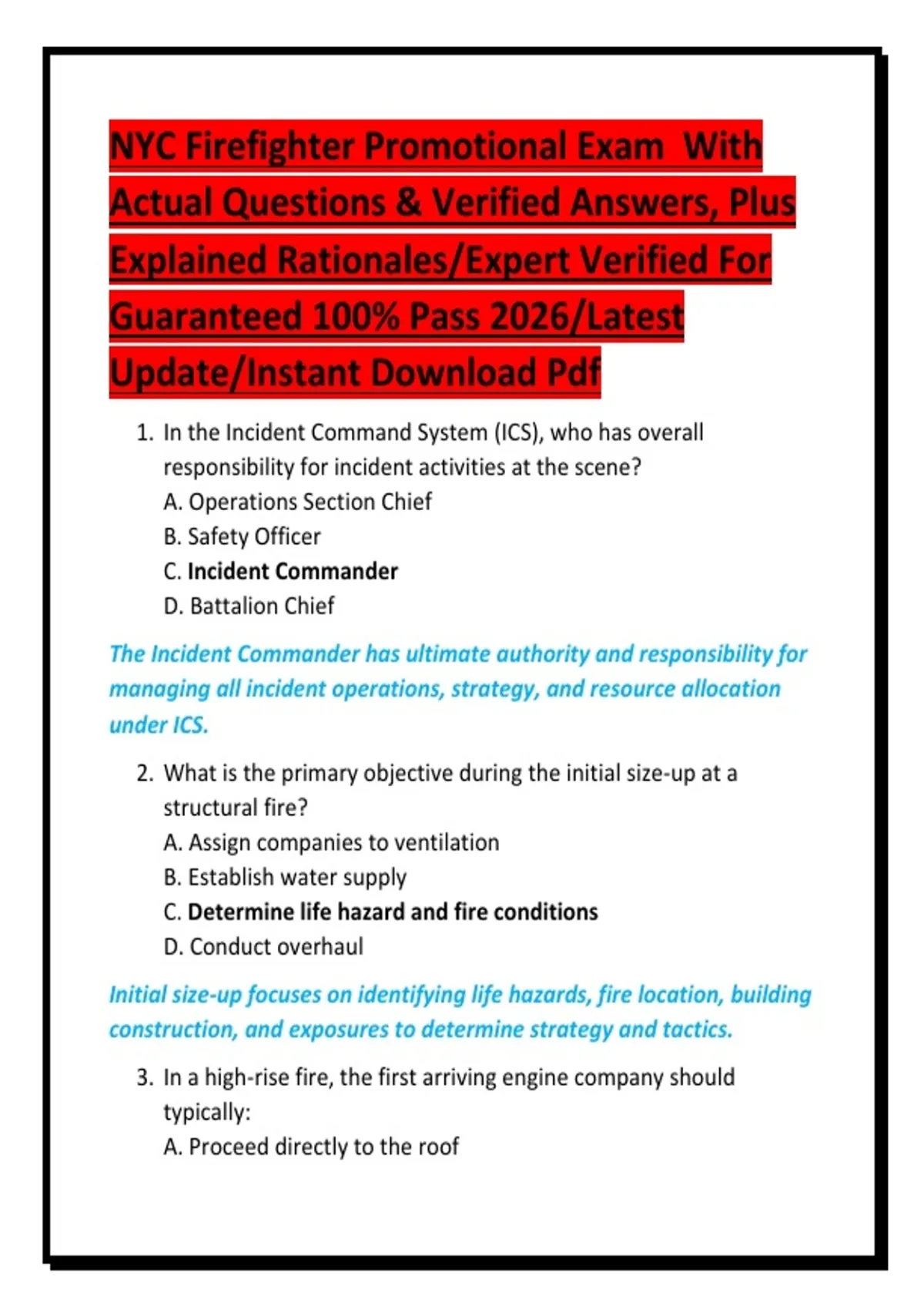 NYC Firefighter Promotional Exam With Actual Questions &amp; Verified Answers, Plus Explained ...
