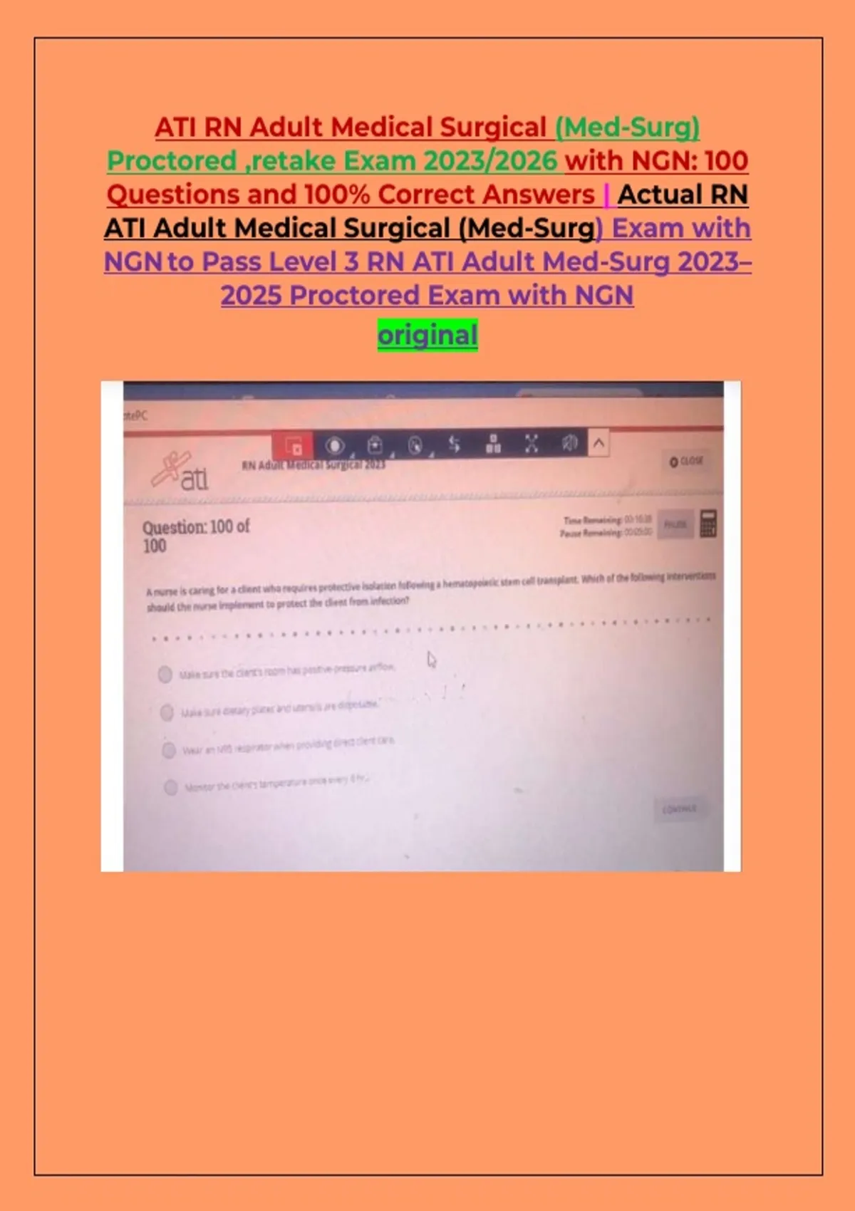 ATI RN Adult Medical Surgical (Med-Surg) Proctored ,retake Exam 2023/ ...