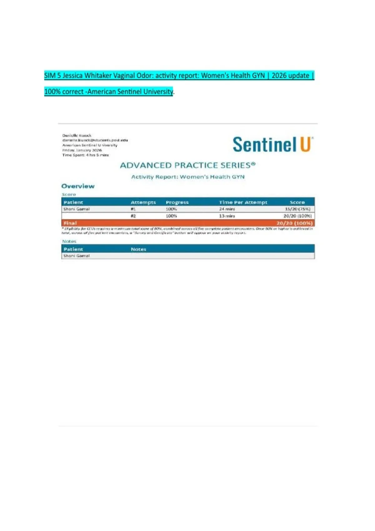 Sentinel University SIM 5 Jessica Whitaker Vaginal Odor: activity report: Women's Health ...