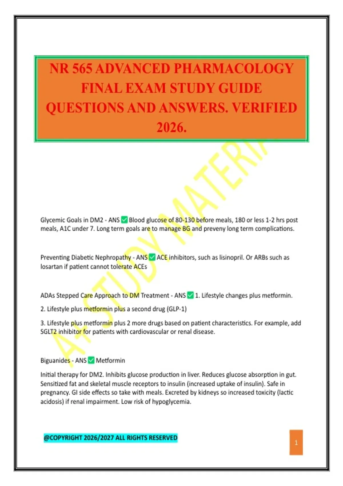 NR 565 ADVANCED PHARMACOLOGY FINAL EXAM STUDY GUIDE QUESTIONS AND ...