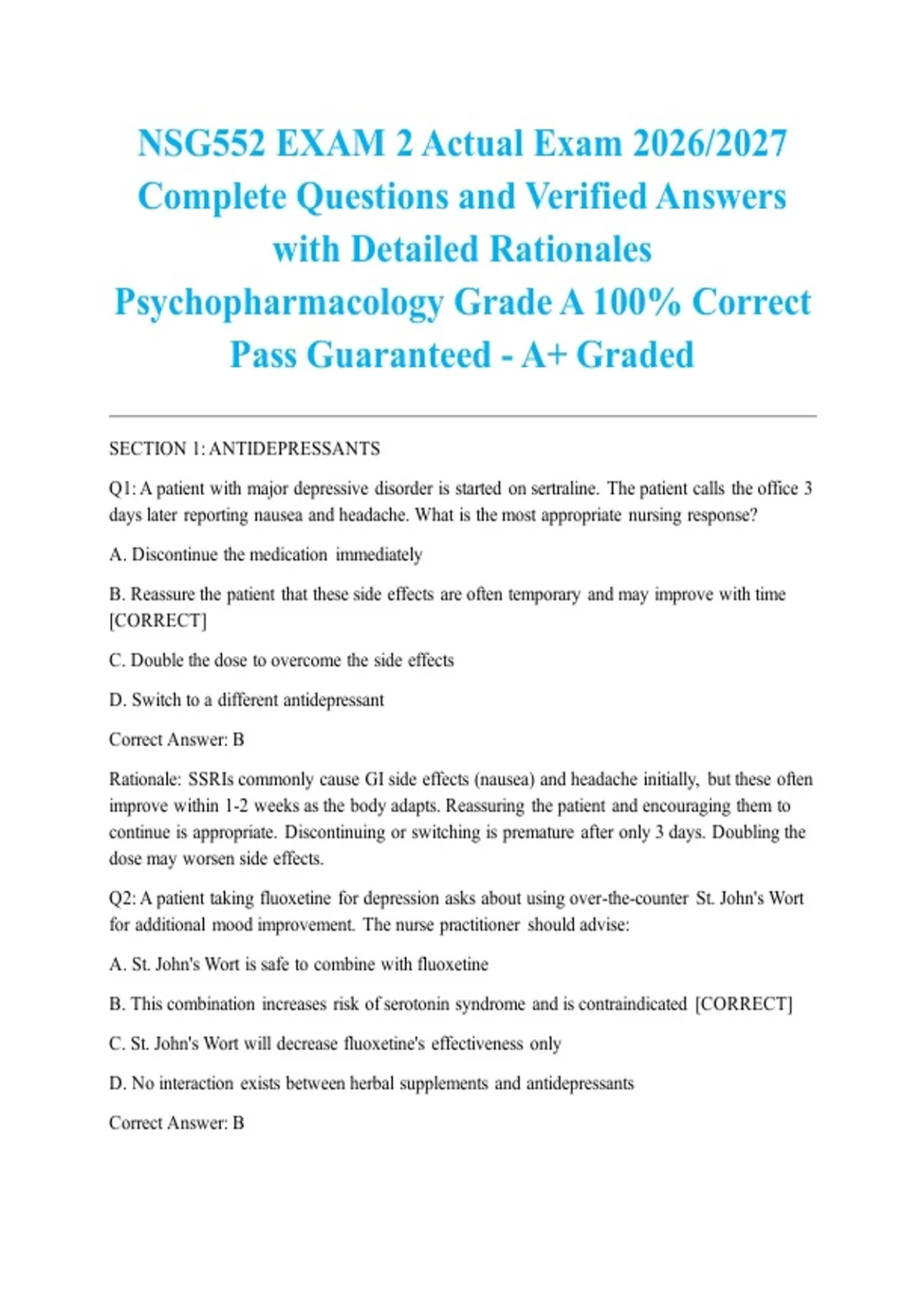 NSG552 EXAM 2 Actual Exam 2026/2027 Complete Questions and Verified ...