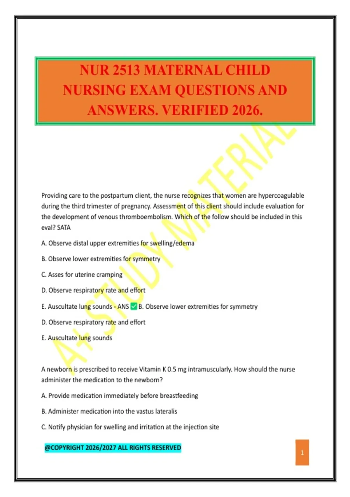 NUR 2513 MATERNAL CHILD NURSING EXAM QUESTIONS AND ANSWERS. VERIFIED ...