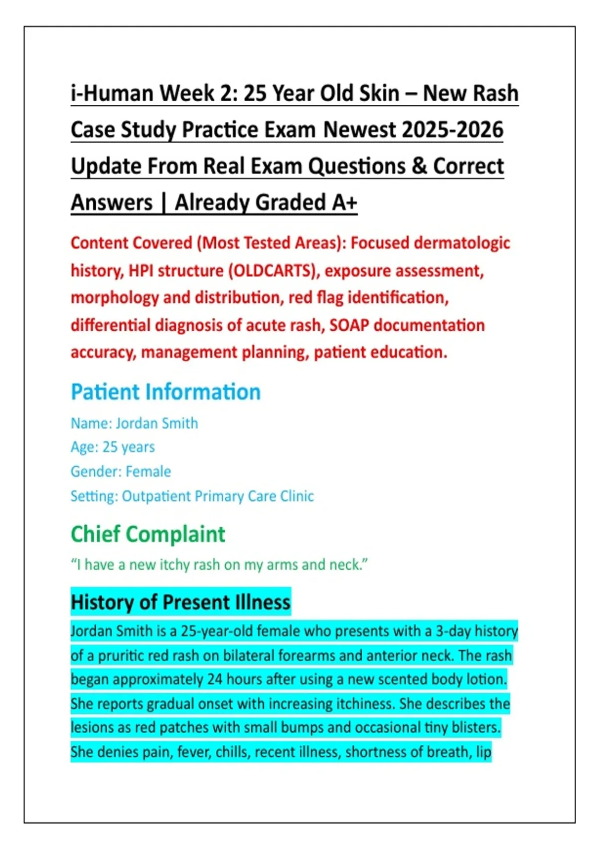 i-Human Week 2: 25 Year Old Skin – New Rash Case Study Practice Exam ...