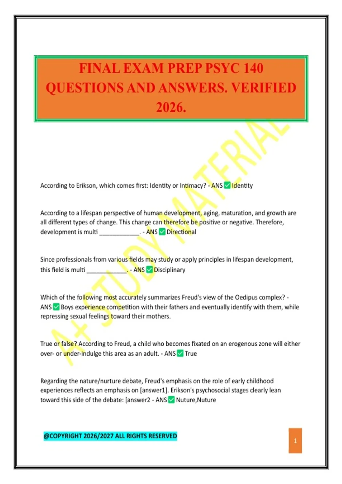 FINAL EXAM PREP PSYC 140 QUESTIONS AND ANSWERS. VERIFIED 2026. - PSYC ...