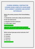 FLORIDA GENERAL CONTRACTOR LICENSE EXAM&vert; COMPLETE EXAM BANK WITH CORRECT ANSWERS AND EXPERT RATIONALES
