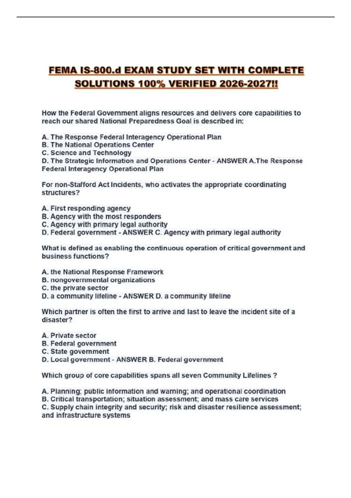 FEMA IS-800.d EXAM STUDY SET WITH COMPLETE SOLUTIONS 100% VERIFIED ...