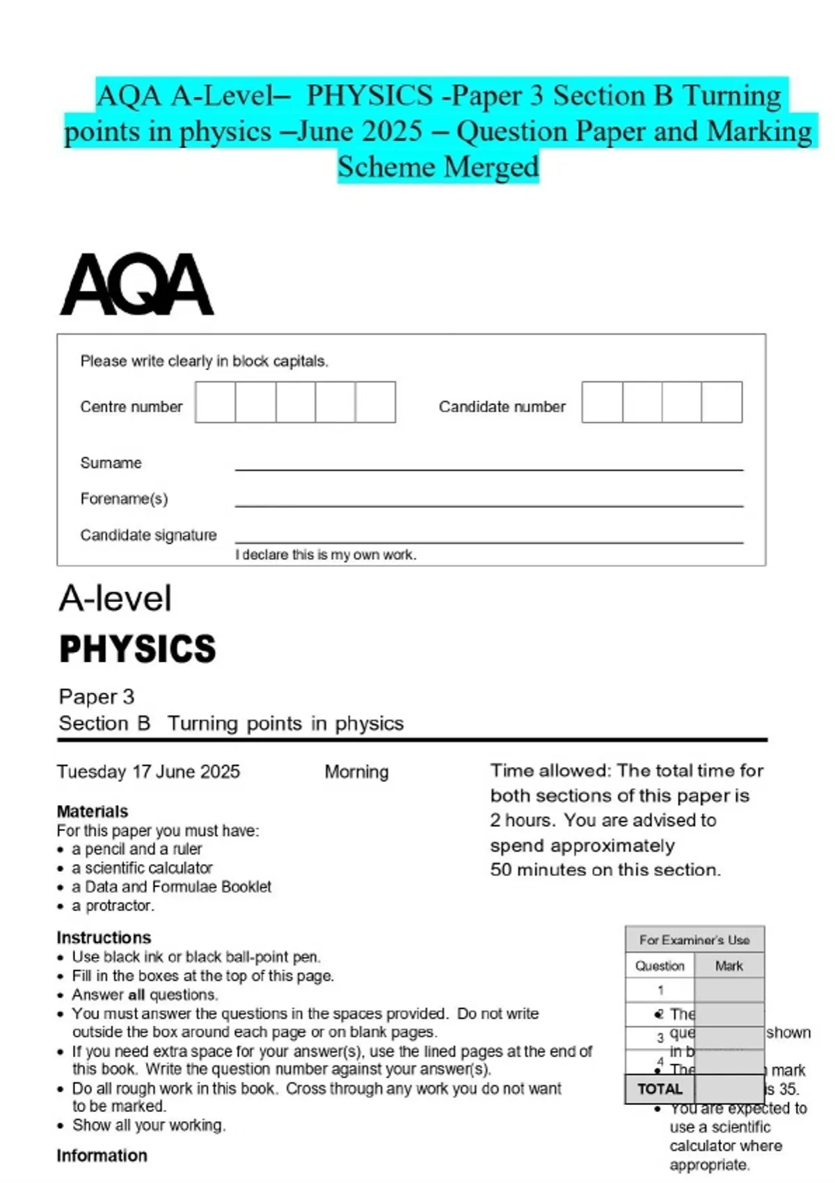 AQA A-Level- PHYSICS -Paper 3 Section B Turning points in physics -June ...