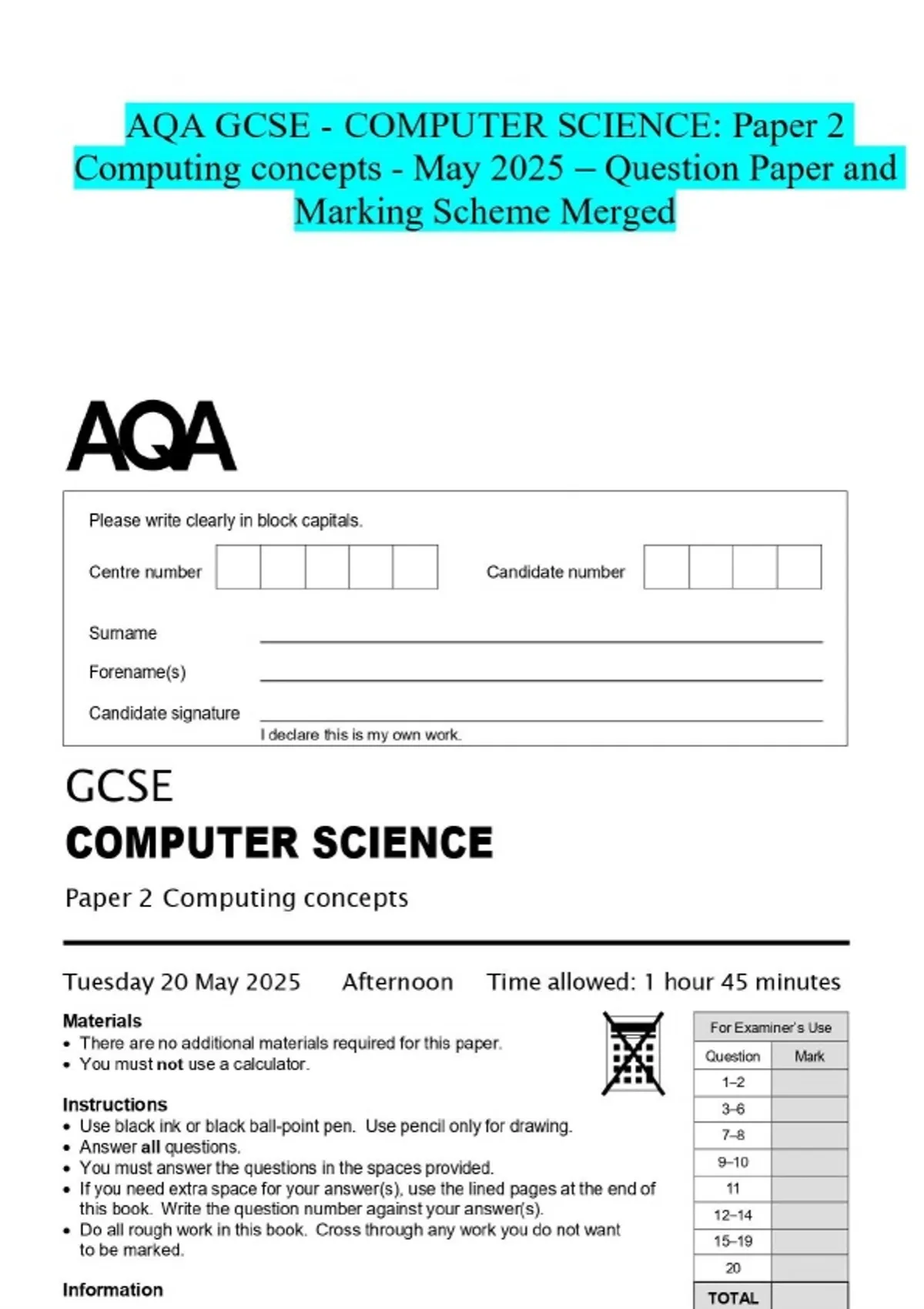 AQA GCSE - COMPUTER SCIENCE: Paper 2 Computing concepts - May 2025 ...