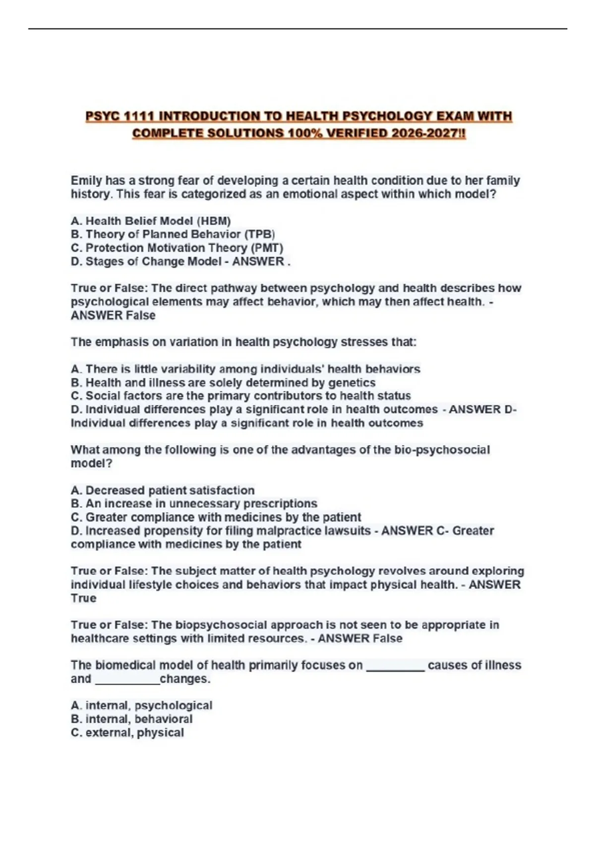 PSYC 1111 INTRODUCTION TO HEALTH PSYCHOLOGY EXAM WITH COMPLETE ...