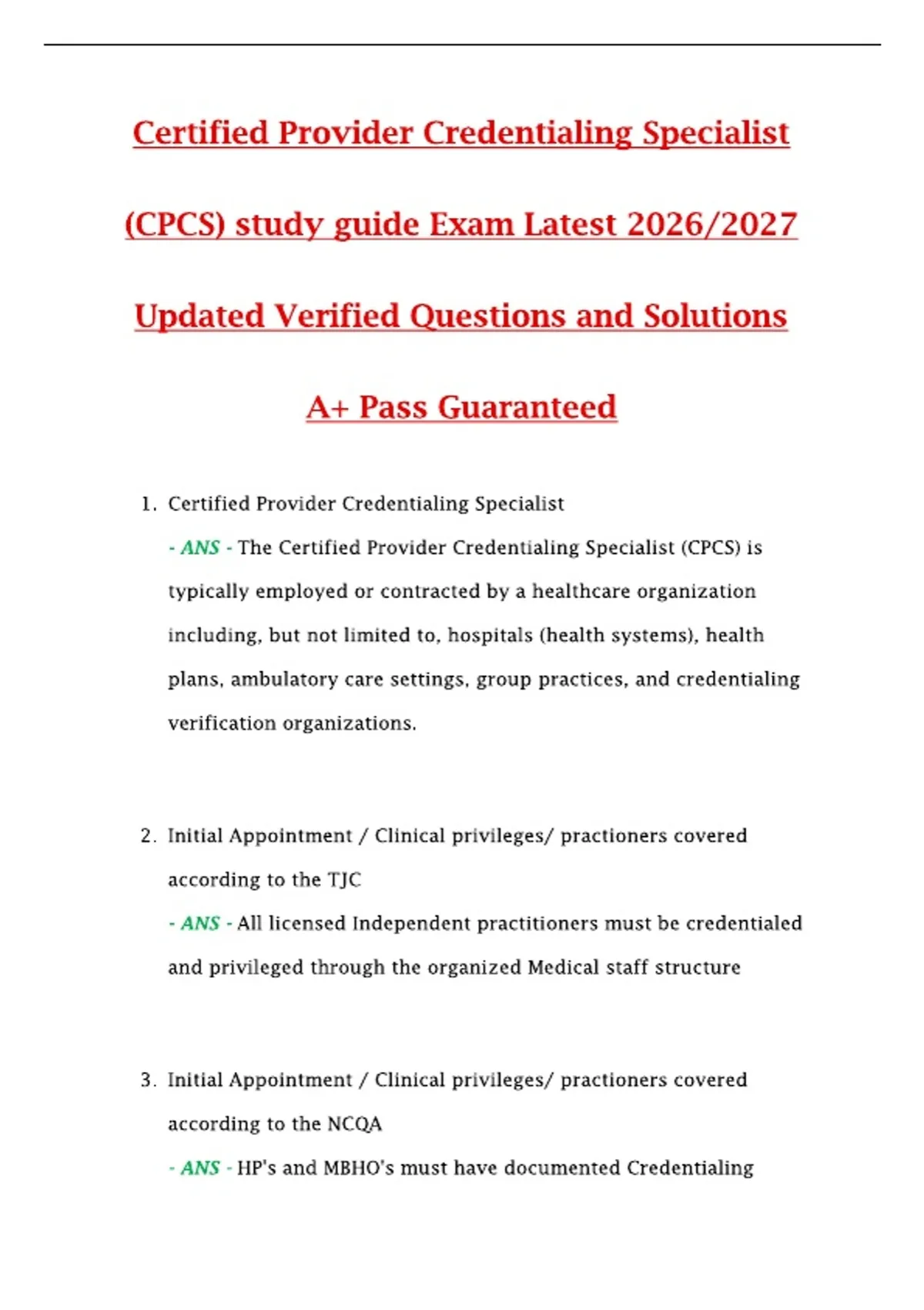 Certified Provider Credentialing Specialist (CPCS) Study Guide 2026–2027 — Updated Verified ...