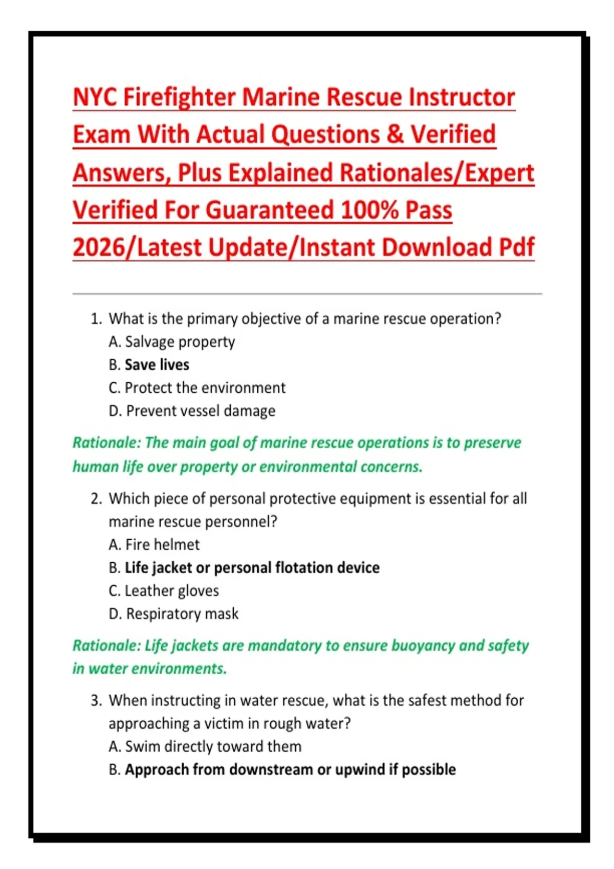 NYC Firefighter Marine Rescue Instructor Exam With Actual Questions & Verified Answers, Plus ...