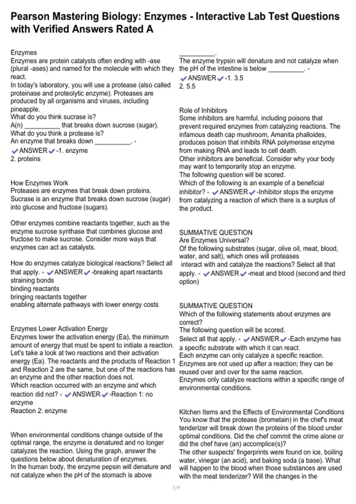 Pearson Mastering Biology: Enzymes - Interactive Lab Test Questions ...