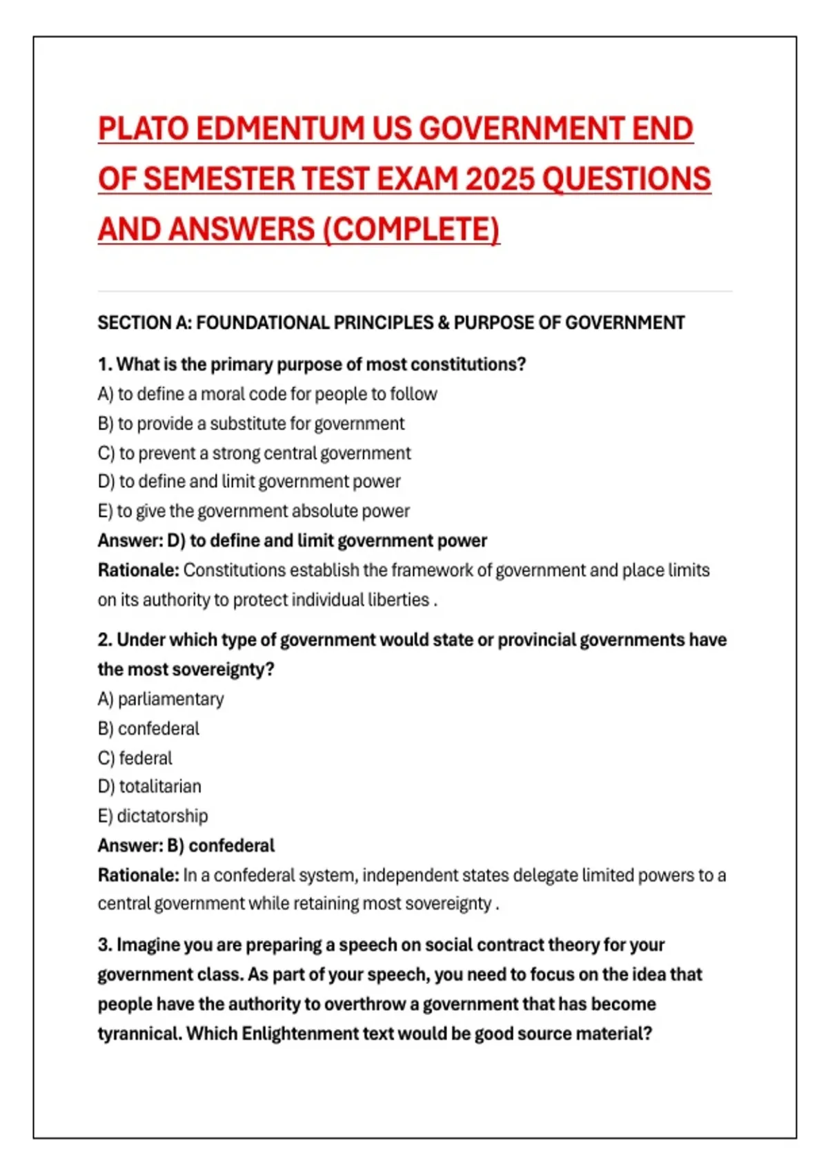 PLATO EDMENTUM US GOVERNMENT END OF SEMESTER TEST EXAM 2025 QUESTIONS ...