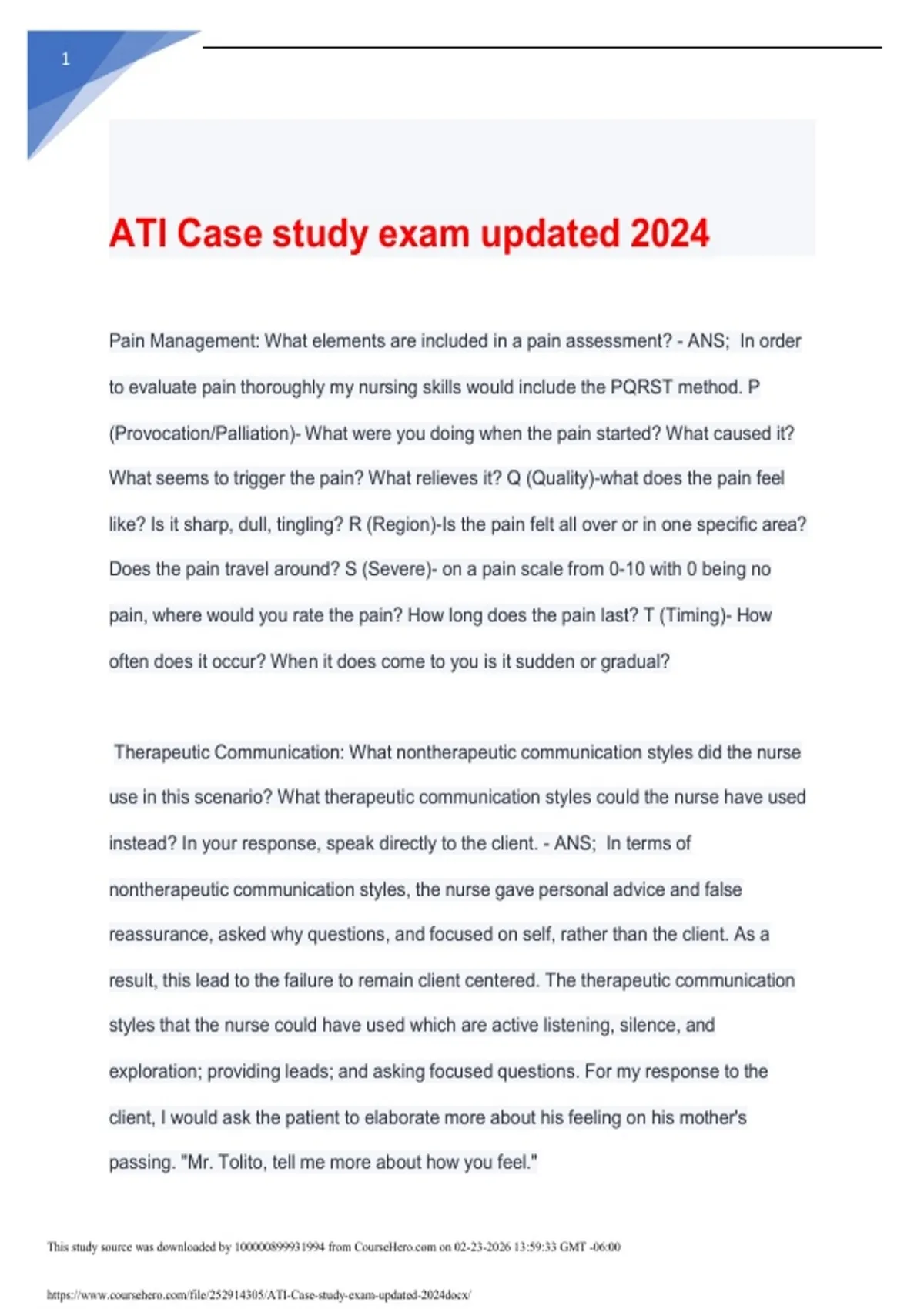 ATI Case Study Exam – Updated 2024 | Practice Questions & Verified ...