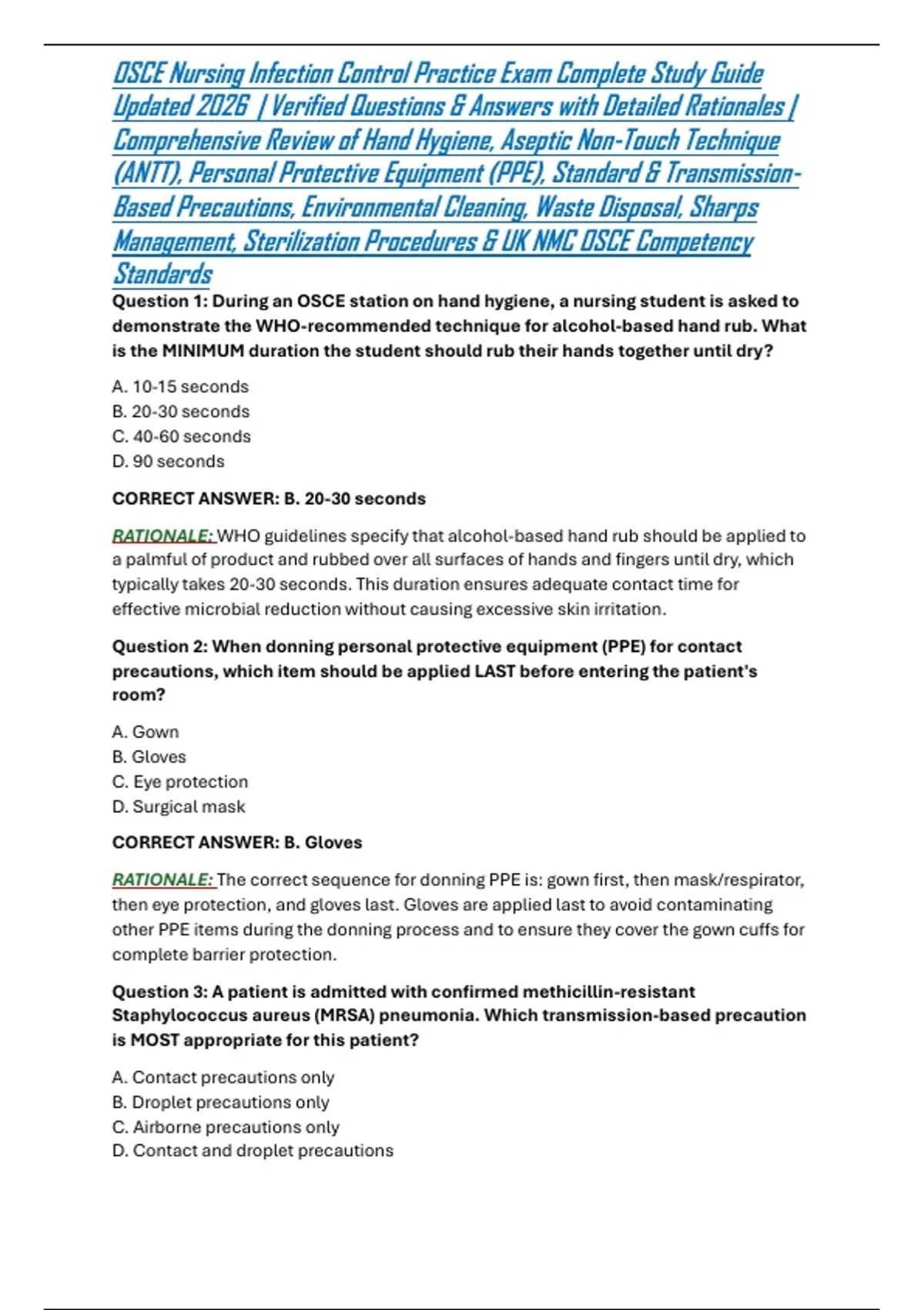 OSCE Nursing Infection Control Practice Exam Complete Study Guide ...