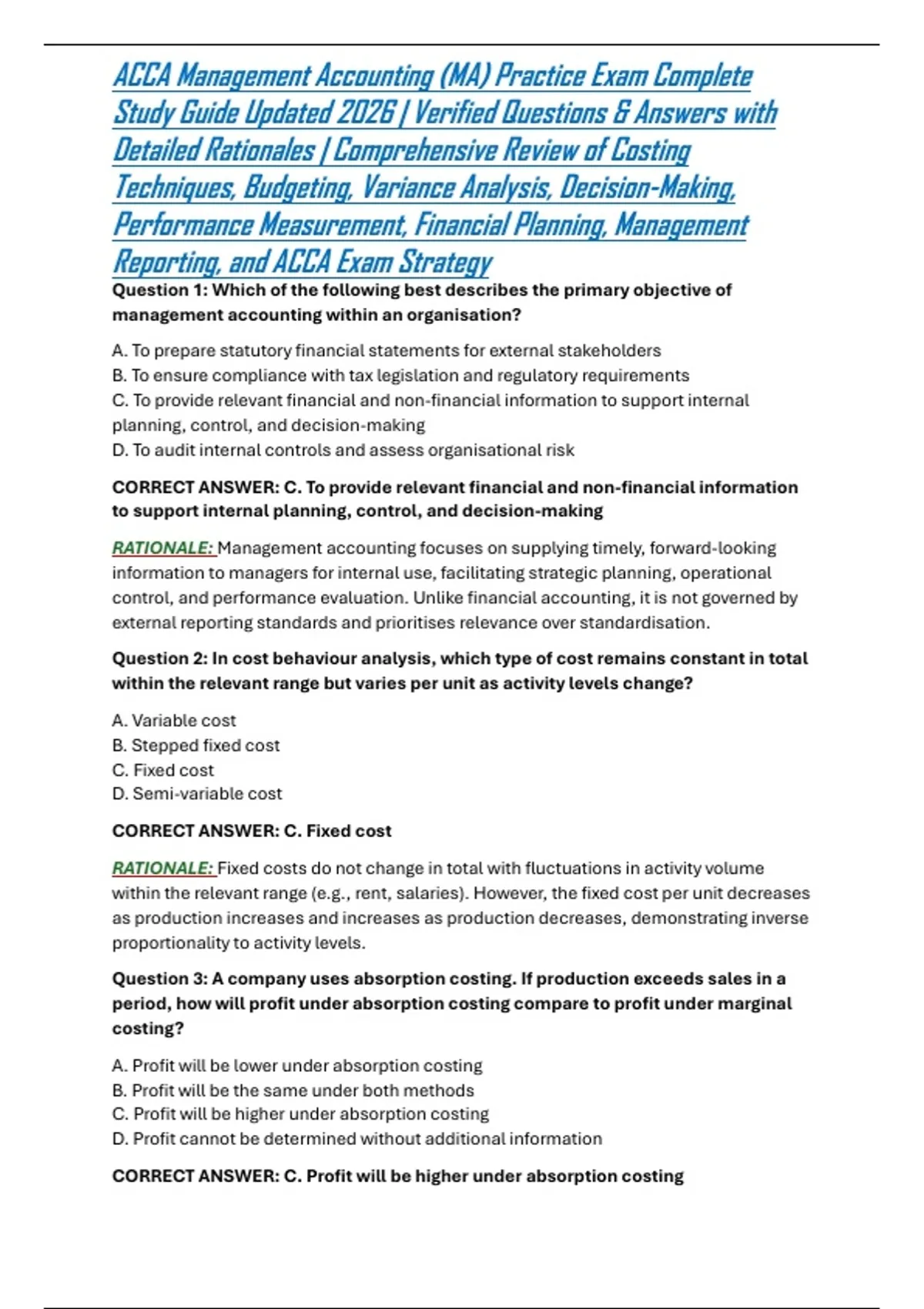 ACCA Management Accounting (MA) Practice Exam Complete Study Guide ...