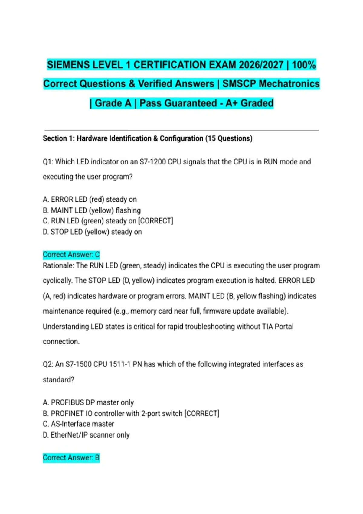 SIEMENS LEVEL 1 CERTIFICATION EXAM 2026/2027 | 100% Correct Questions ...