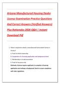 Arizona Manufactured Housing Dealer  License Examination Practice Questions  And Correct Answers &lpar;Verified Answers&rpar;  Plus Rationales 2026 Q&A &vert; Instant  Download Pdf 