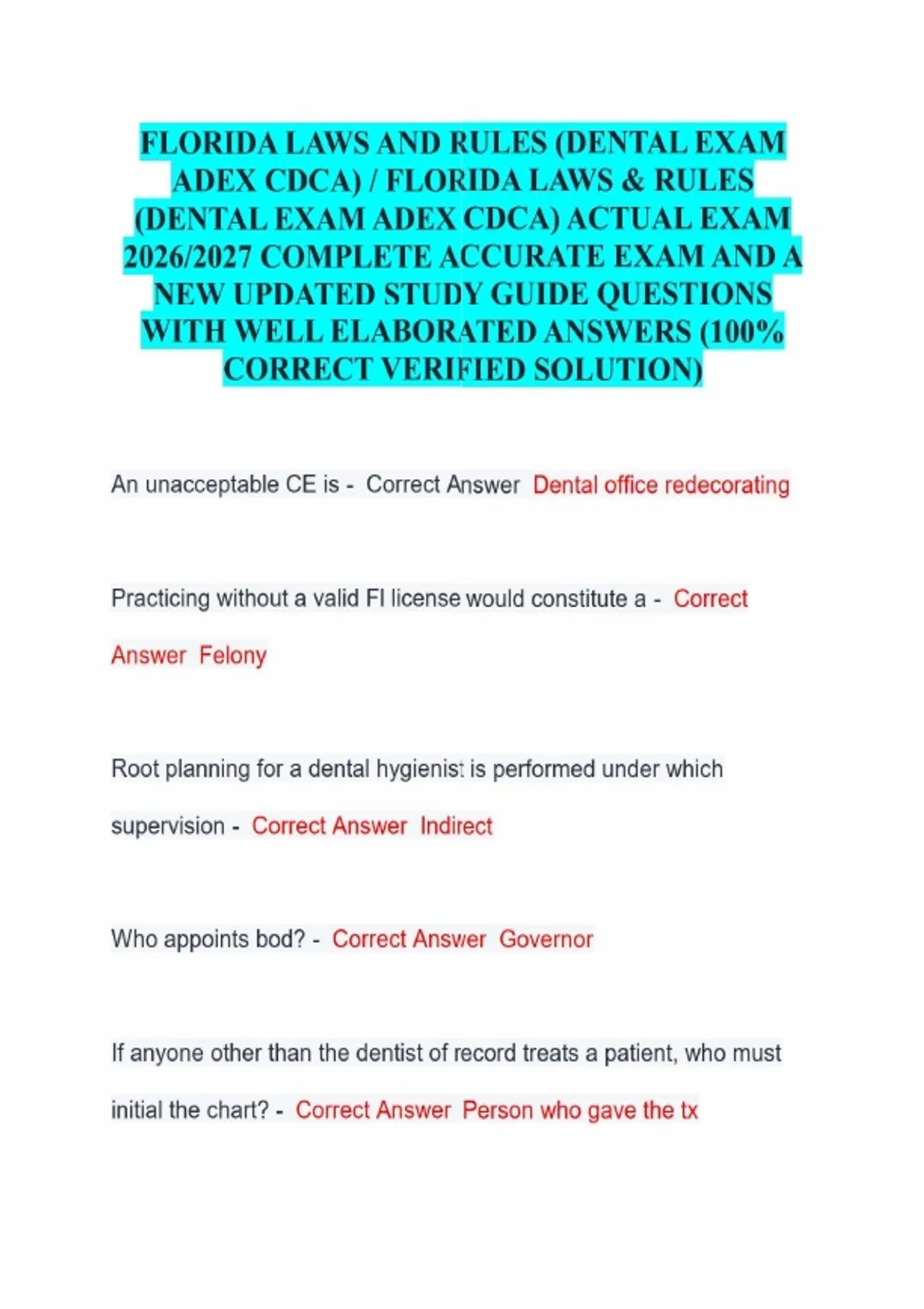 FLORIDA LAWS AND RULES (DENTAL EXAM ADEX CDCA) / FLORIDA LAWS & RULES ...