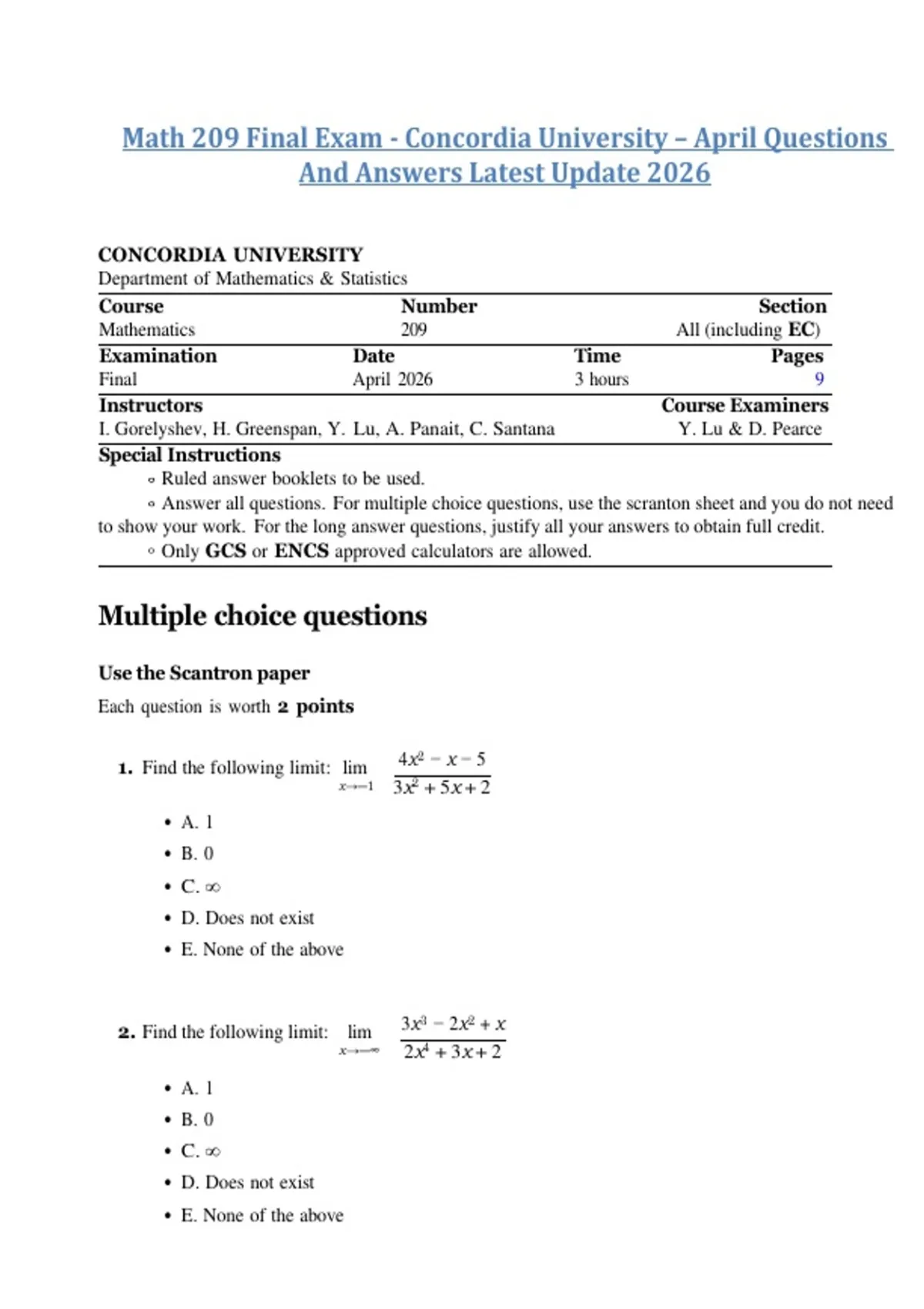 Math 209 Final Exam - Concordia University – April Questions And ...
