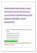 Florida Mobile Home Installer License  Examination Practice Questions And  Correct Answers &lpar;Verified Answers&rpar; Plus  Rationales 2026 Q&A &vert; Instant  Download Pdf