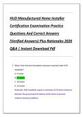HUD Manufactured Home Installer  Certification Examination Practice  Questions And Correct Answers  &lpar;Verified Answers&rpar; Plus Rationales 2026  Q&A &vert; Instant Download Pdf