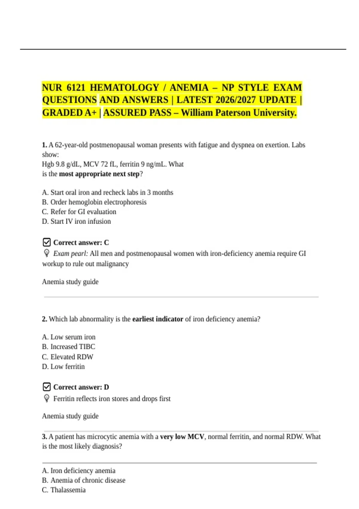 NUR 6121 HEMATOLOGY / ANEMIA – NP STYLE EXAM QUESTIONS AND ANSWERS ...
