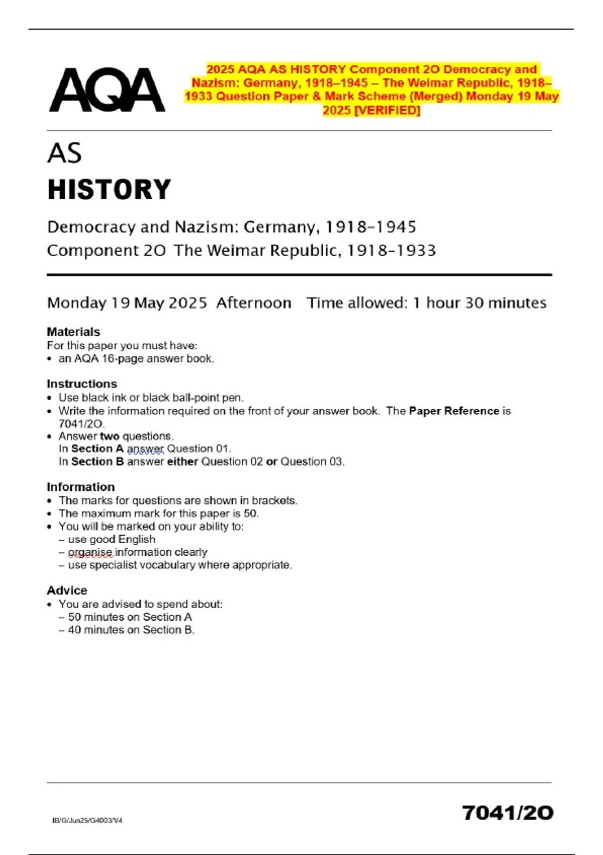 2025 AQA AS HISTORY Component 20 Democracy and Nazism: Germany, - The ...