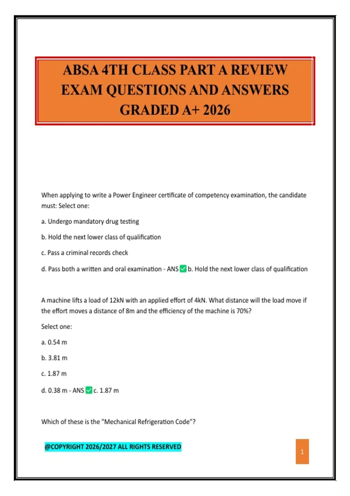ABSA 4TH CLASS PART A REVIEW EXAM QUESTIONS AND ANSWERS GRADED A+ 2026 ...