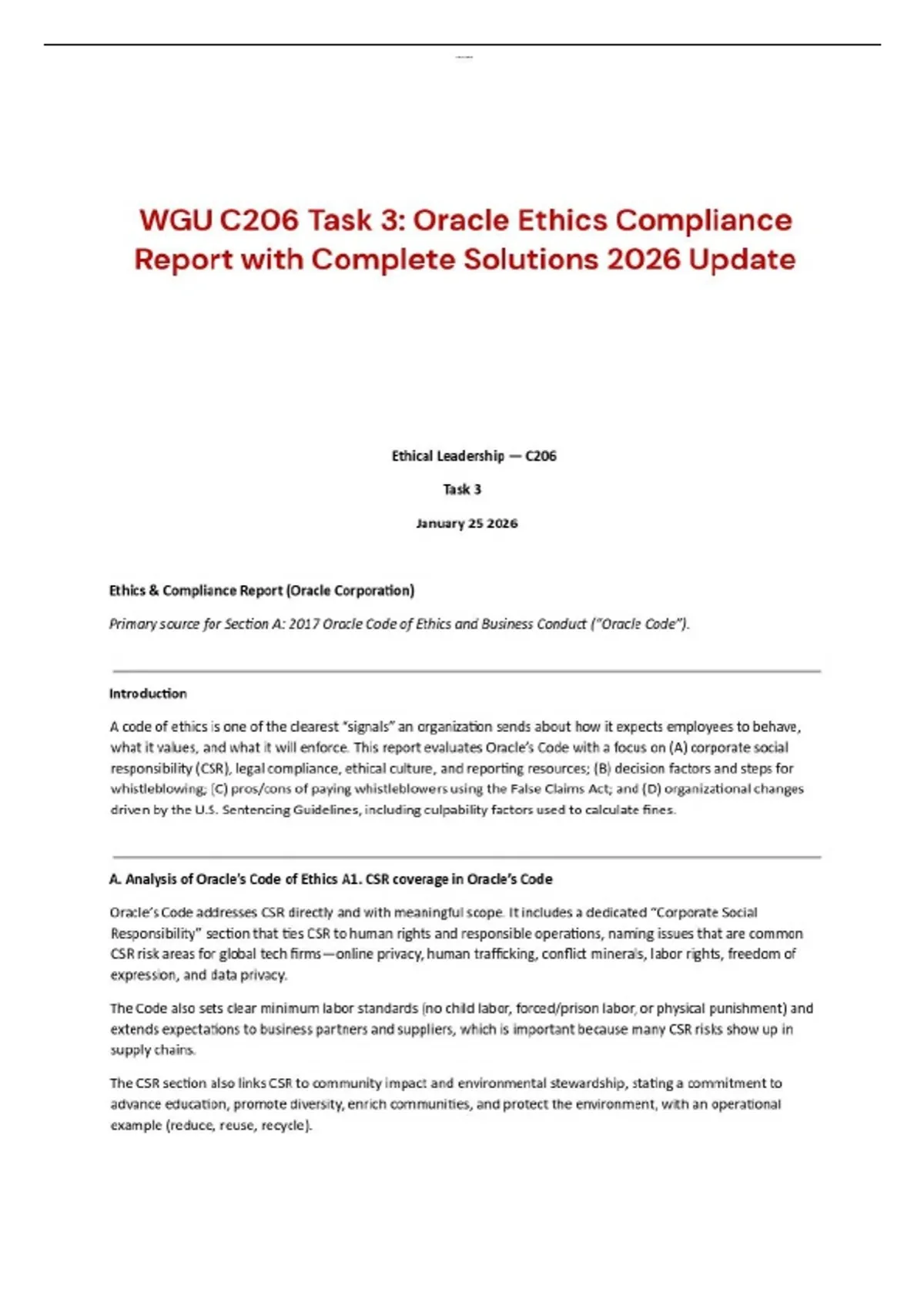 WGU C206 Task 3 Oracle Ethics Compliance Report with Complete Solutions ...