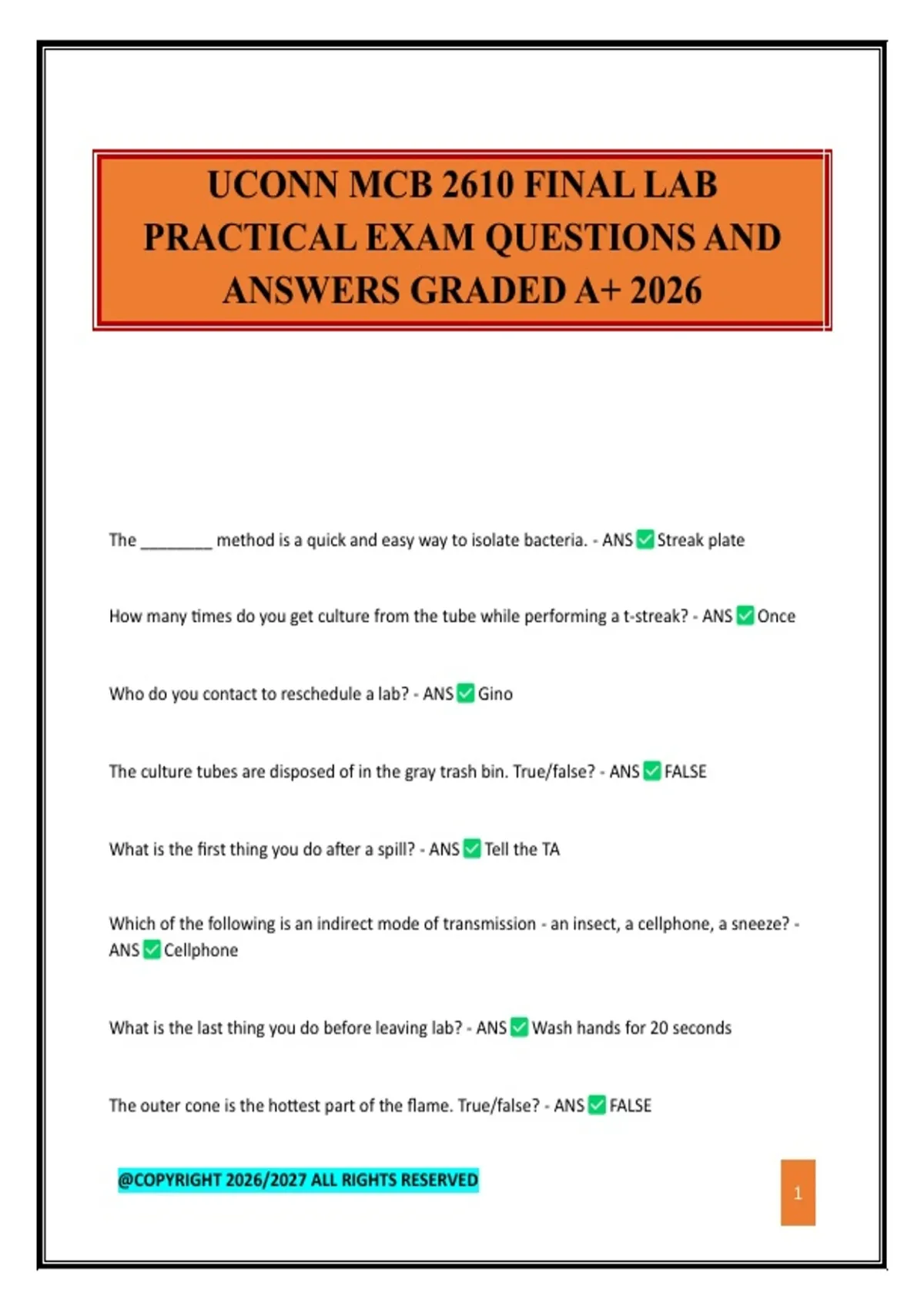 UCONN MCB 2610 FINAL LAB PRACTICAL EXAM QUESTIONS AND ANSWERS GRADED A+ ...