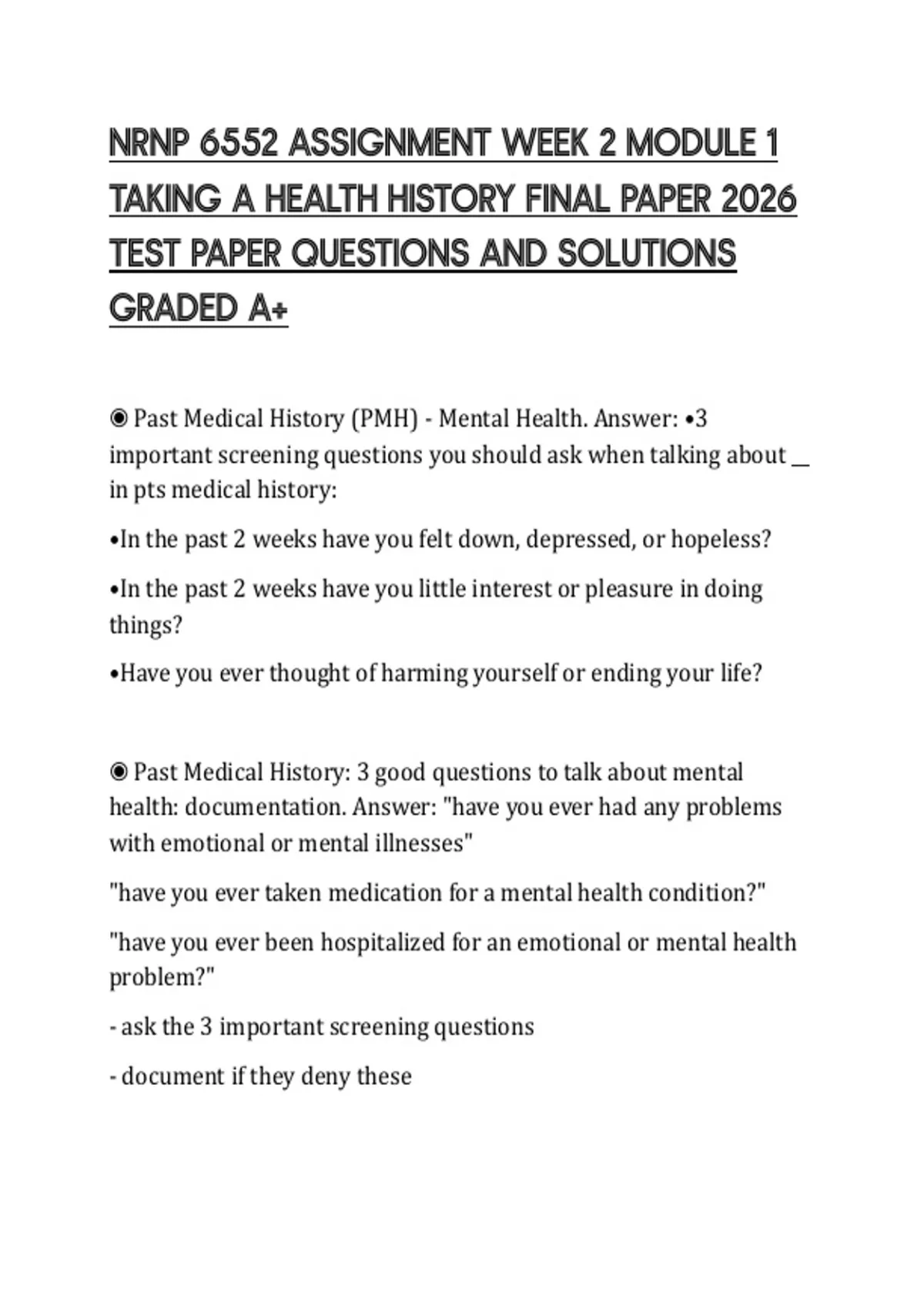 NRNP 6552 ASSIGNMENT WEEK 2 MODULE 1 TAKING A HEALTH HISTORY FINAL ...