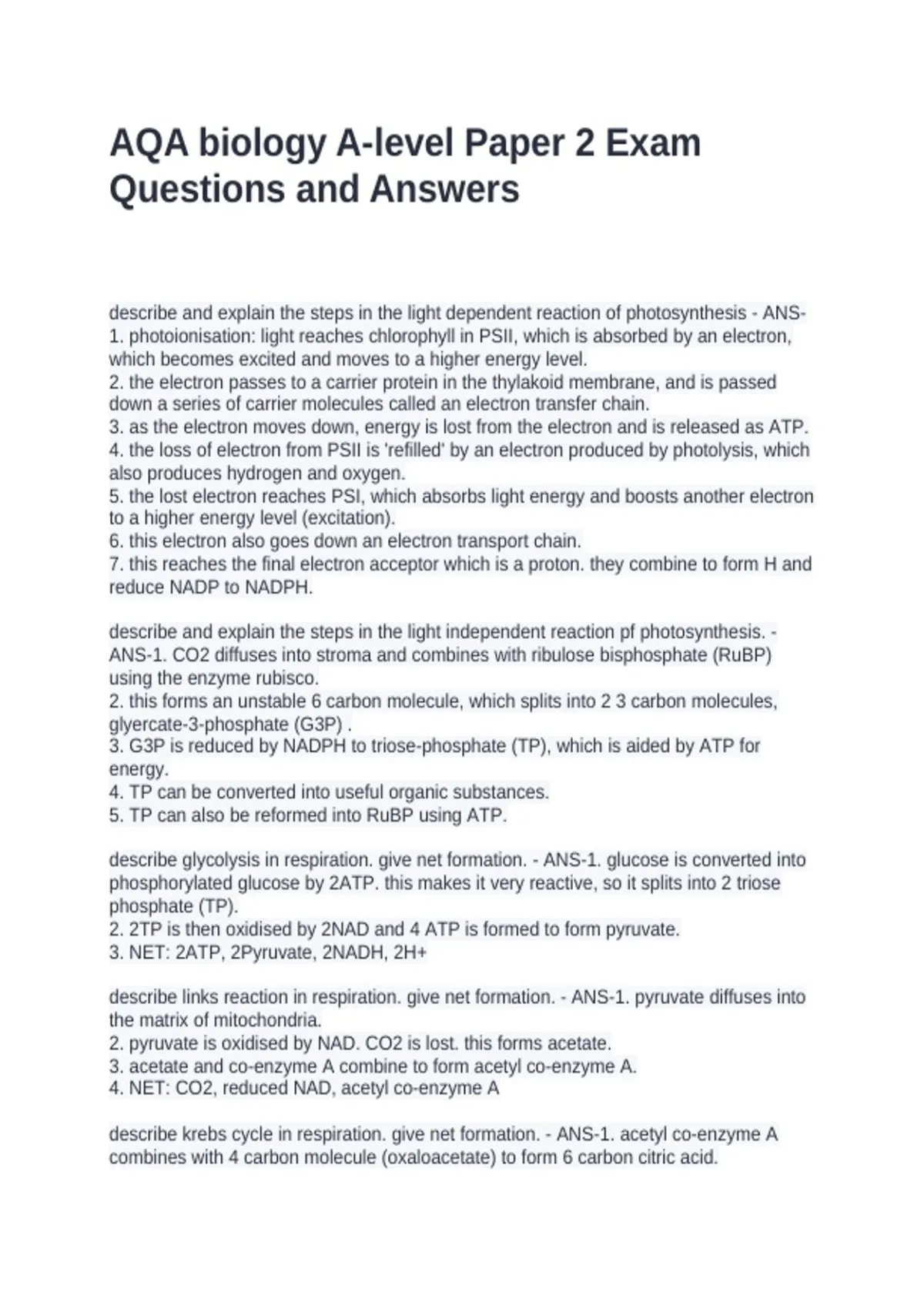 AQA biology A-level Paper 2 Exam Questions and Answers - Biology ...