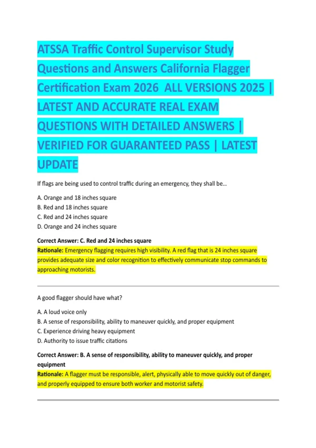 ATSSA Traffic Control Supervisor Study Questions and Answers California ...