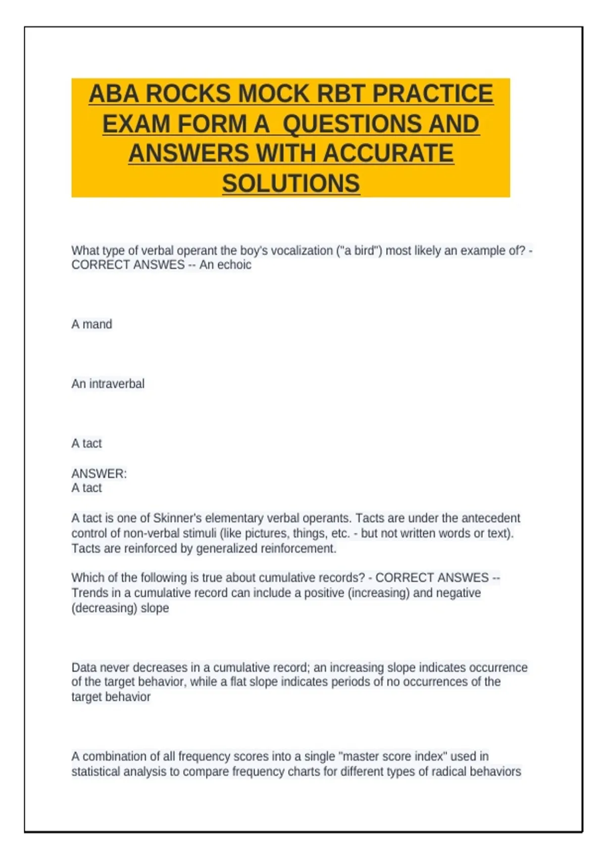 ABA ROCKS MOCK RBT PRACTICE EXAM FORM A QUESTIONS AND ANSWERS WITH ...