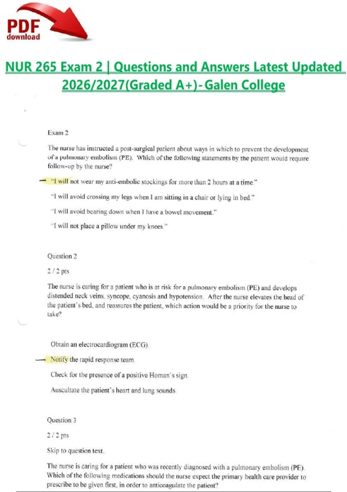 NUR 265 Exam 2 | Questions and Answers Latest Updated 2026/2027(Graded ...