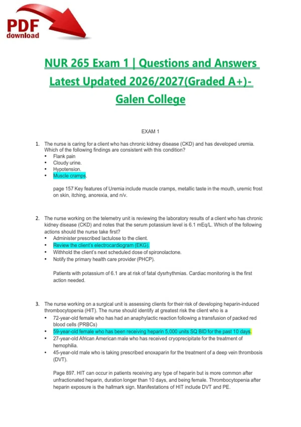 NUR 265 Exam 1 | Questions and Answers Latest Updated 2026/2027(Graded ...