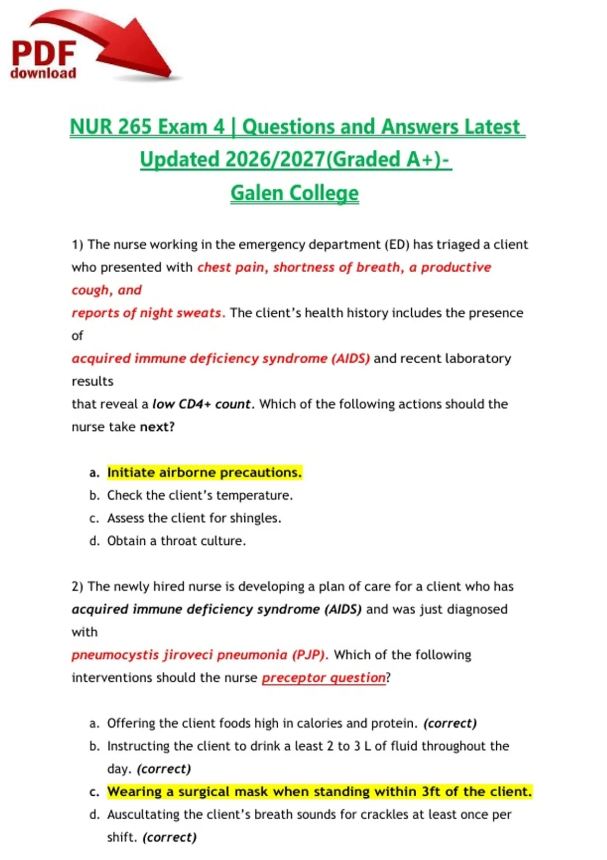 NUR 265 Exam 4 | Questions and Answers Latest Updated 2026/2027(Graded ...
