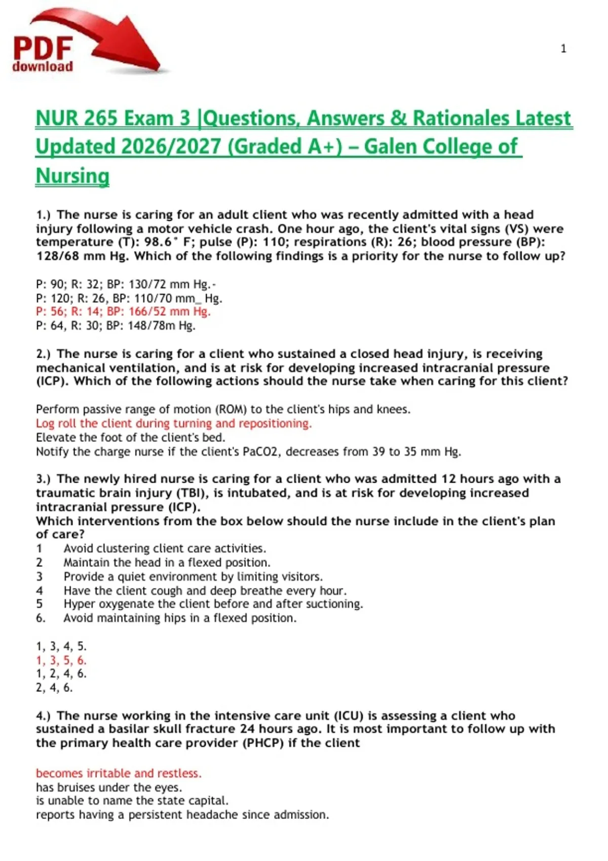 NUR 265 Exam 3 |Questions, Answers & Rationales Latest Updated 2026/ ...