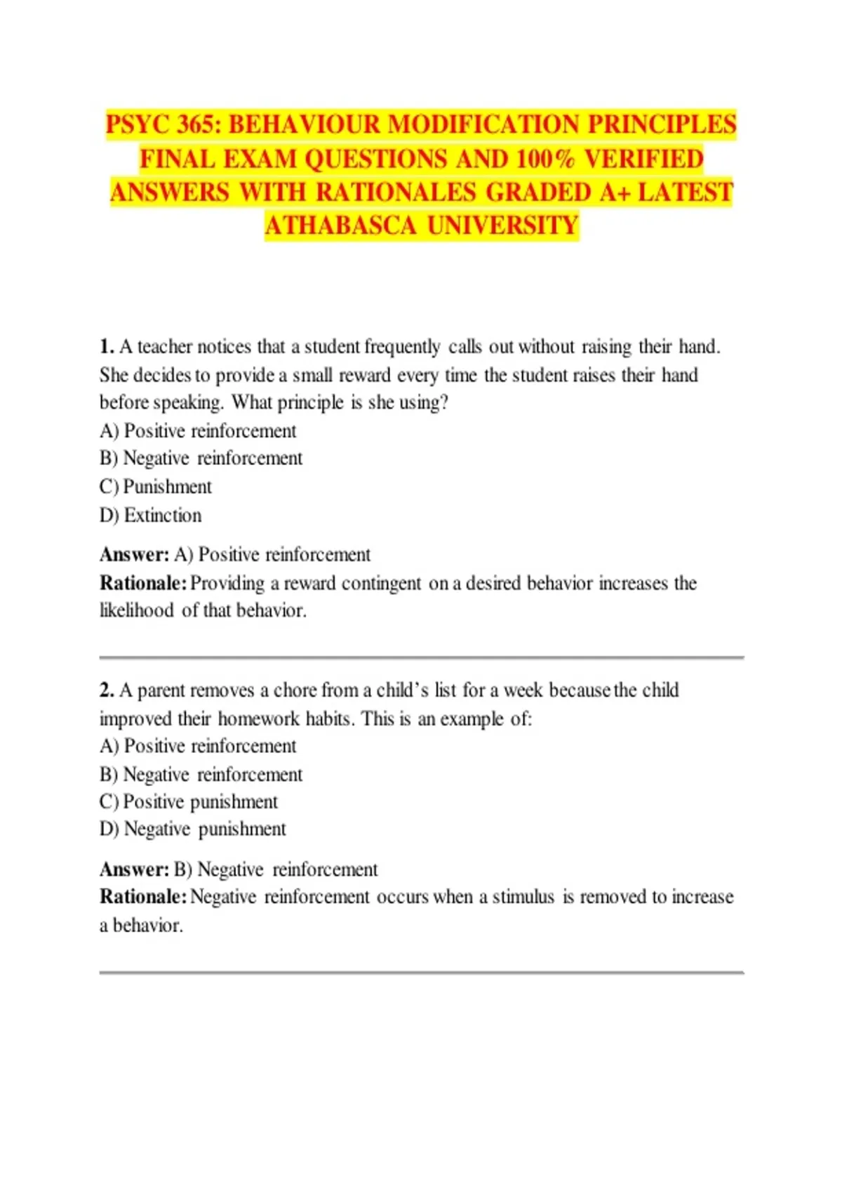 PSYC 365: BEHAVIOUR MODIFICATION PRINCIPLES 2026 FINAL EXAM QUESTIONS ...