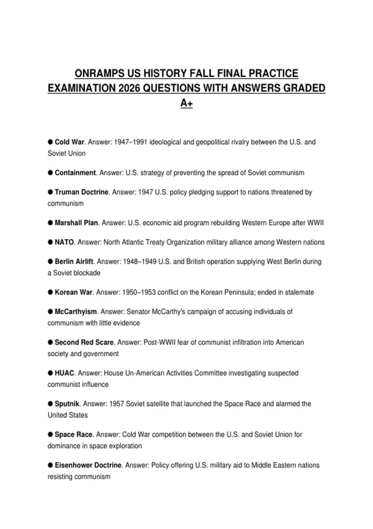 ONRAMPS US HISTORY FALL FINAL PRACTICE EXAMINATION 2026 QUESTIONS WITH ...