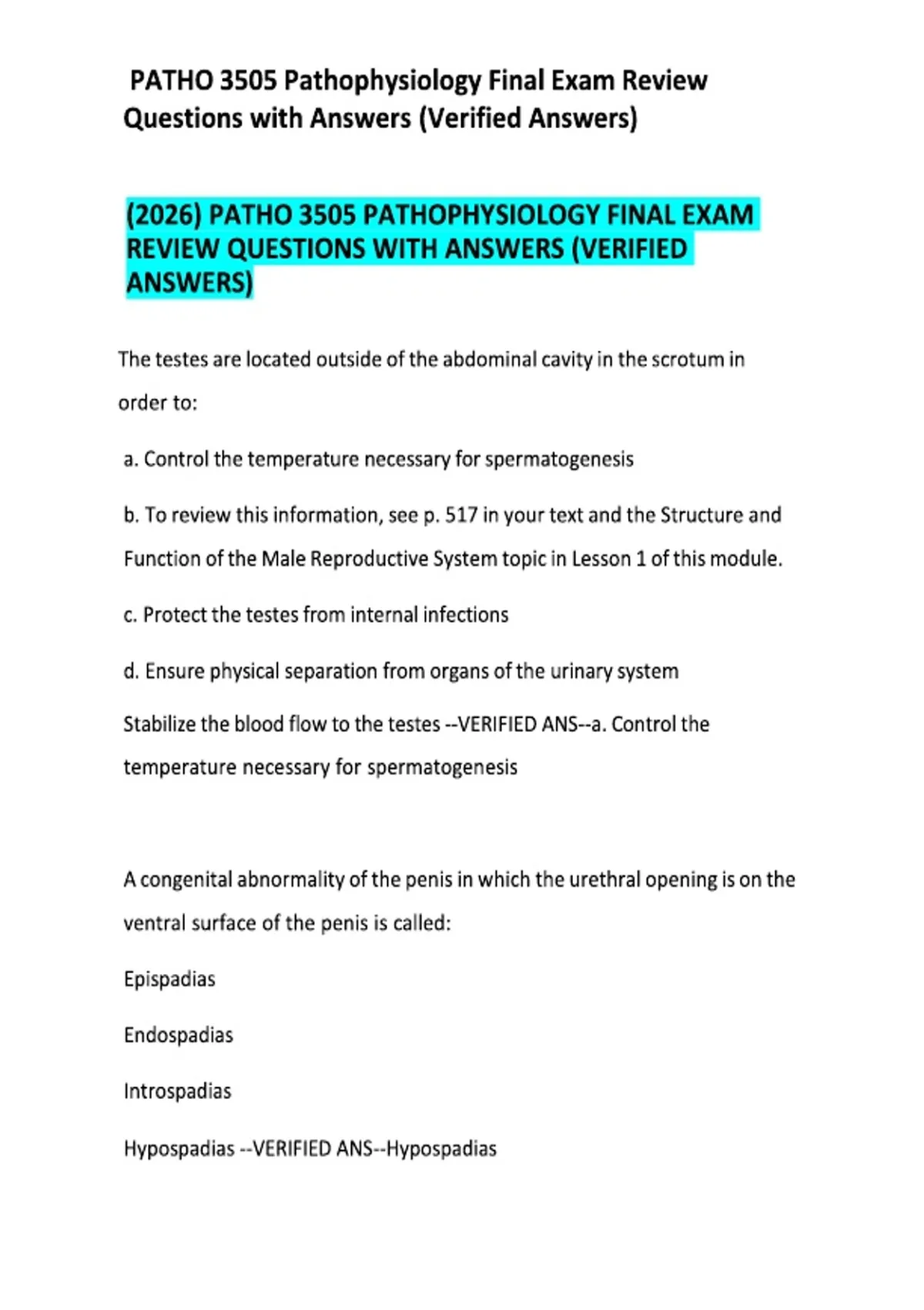 (2026) PATHO 3505 PATHOPHYSIOLOGY FINAL EXAM REVIEW QUESTIONS WITH ...