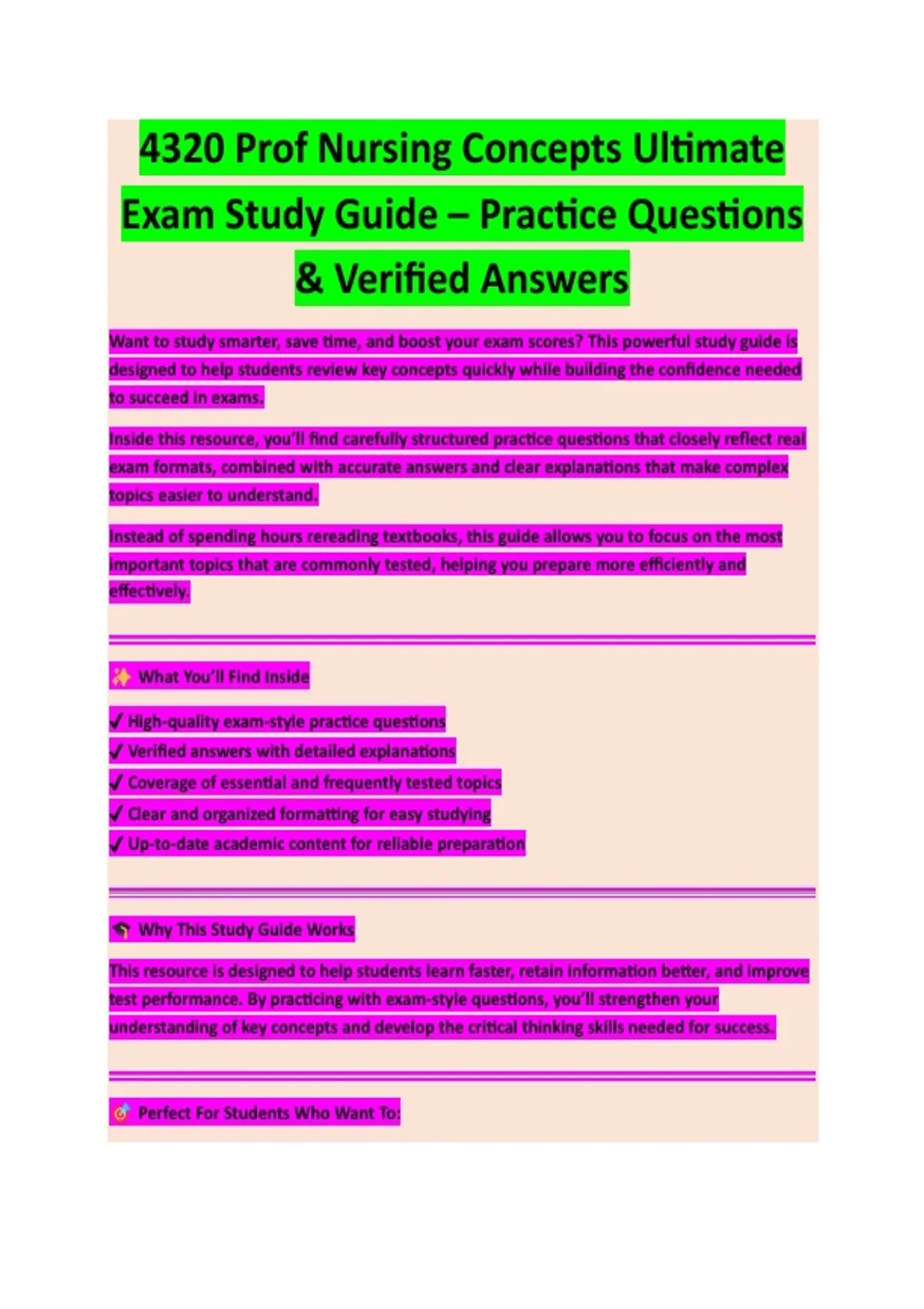 PROFESSIONAL NURSING CONCEPTS (NUR 4320) ULTIMATE EXAM STUDY GUIDE 2026 ...